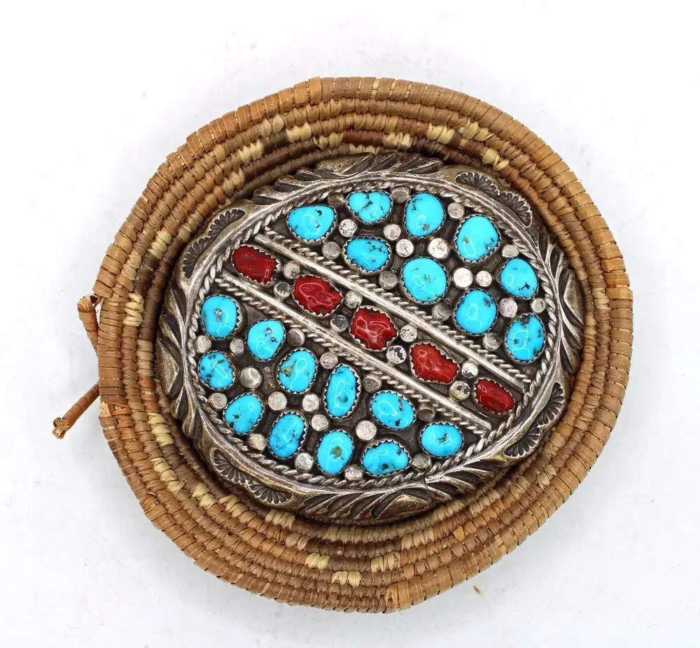 R. Bahe Signed Sterling Silver Turquoise and Coral Cluster Belt Buckle